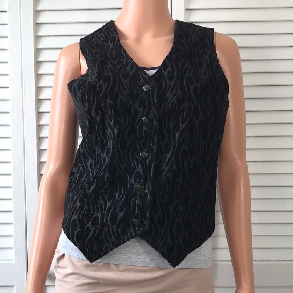 HARLEY DAVIDSON Vintage Black Flame Embroidered Velvet Vest Size Small